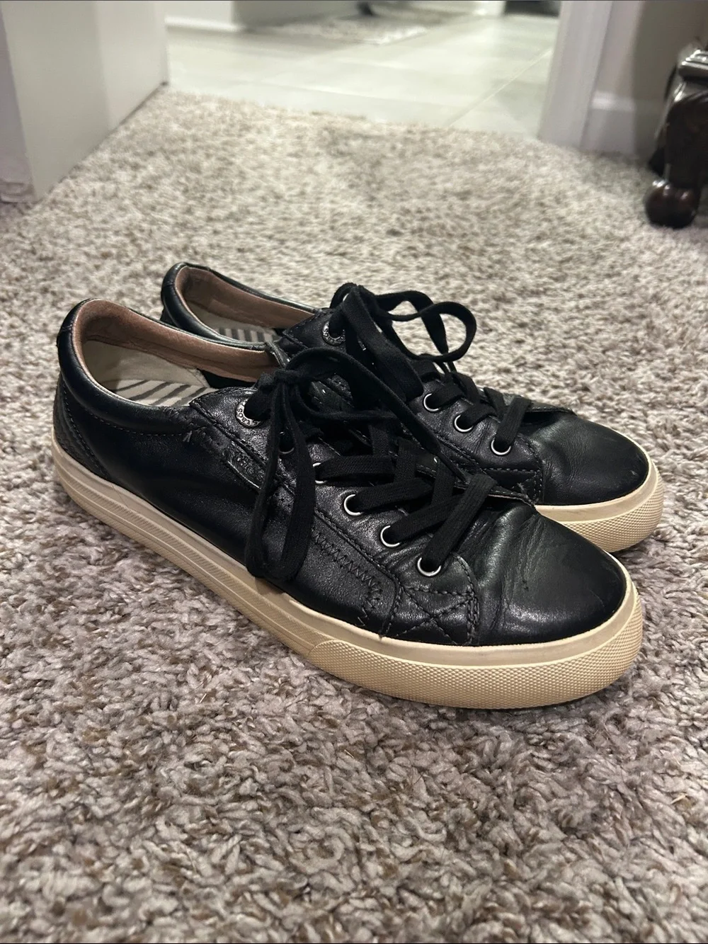 Women’s Black Leather Lace-Up Sneakers with Cream Sole